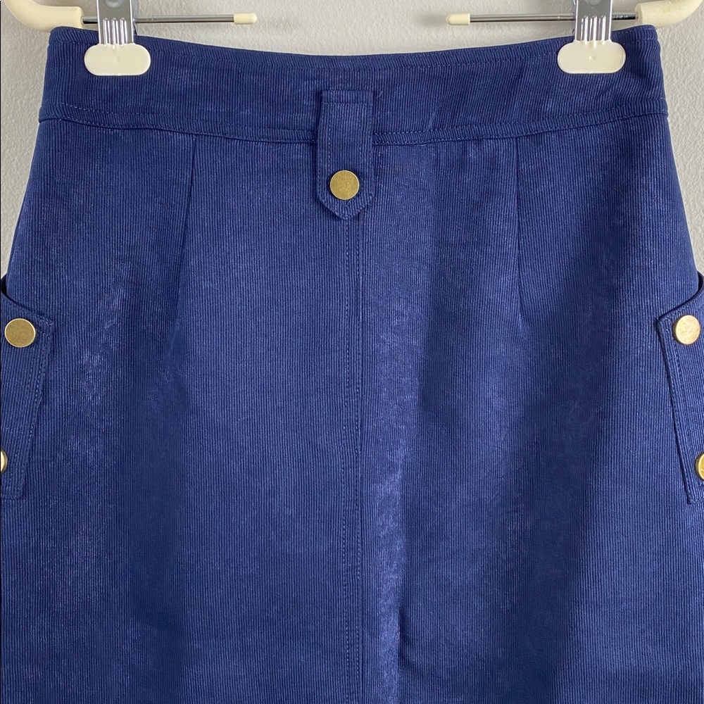 Vee Corduroy Midi Skirt | Lined, Front Slit, 2 Pockets | Navy/Gold - Picture 5 of 15